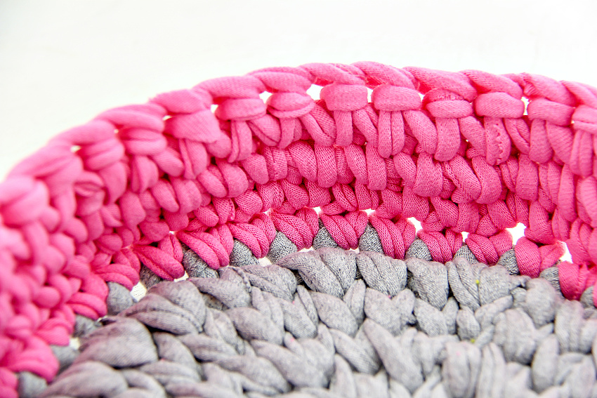 Close-up photo crocheting t-shirt yarn into a rug - Knit & Crochet