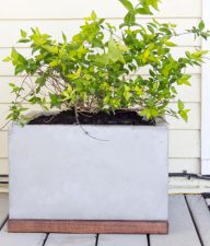 a handmade square concrete and wood planter