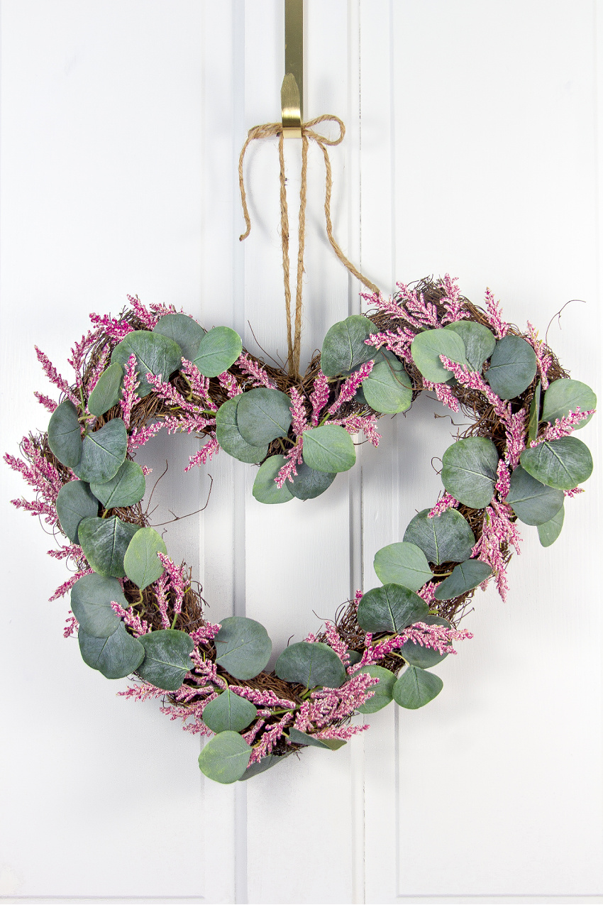 pink and eucalyptus heart shaped wreath