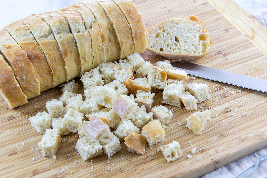 rosemary olive oil bread cut into pieces to make stuffing