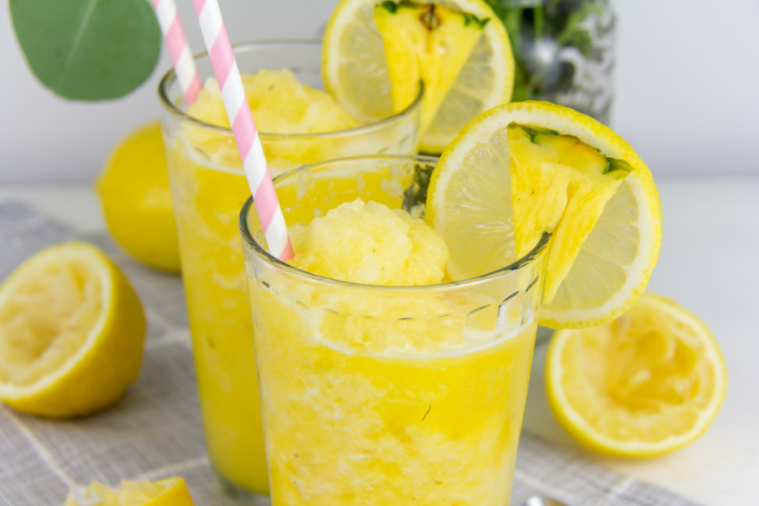 pineapple lemonade slushie in a glass 