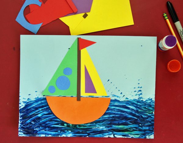 Rainbow sailboat collage art for kids