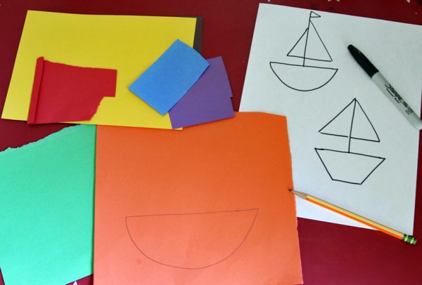 Rainbow sailboat art with simple shapes