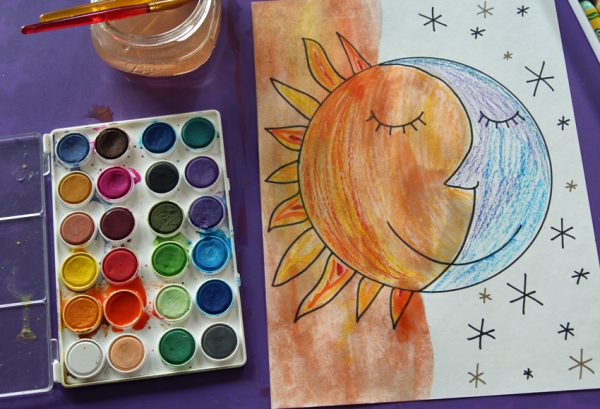 Warm and cool painted sun and moon