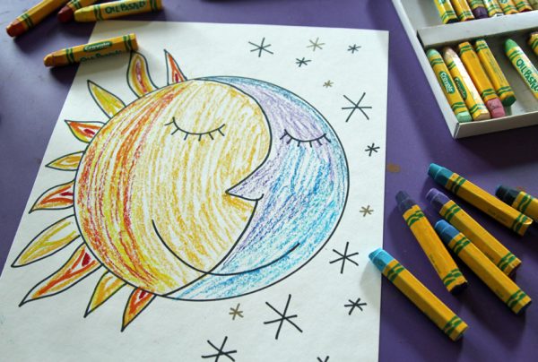 Oil pastel sun and moon faces