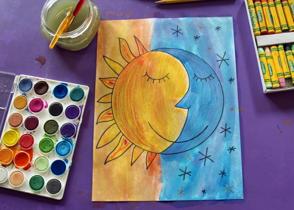 Sun and moon watercolor resist art project