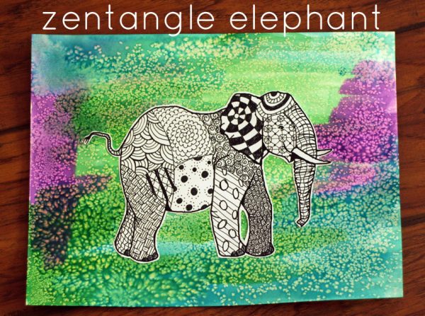 Zentangle elephant (with a salty watercolor background!)